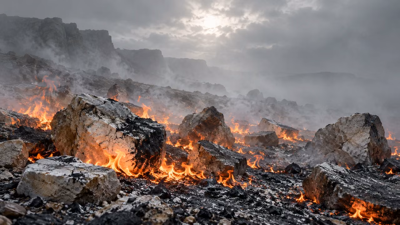 Soot-darkened pale stones lie amid flames and ash in a recalling visual essay.