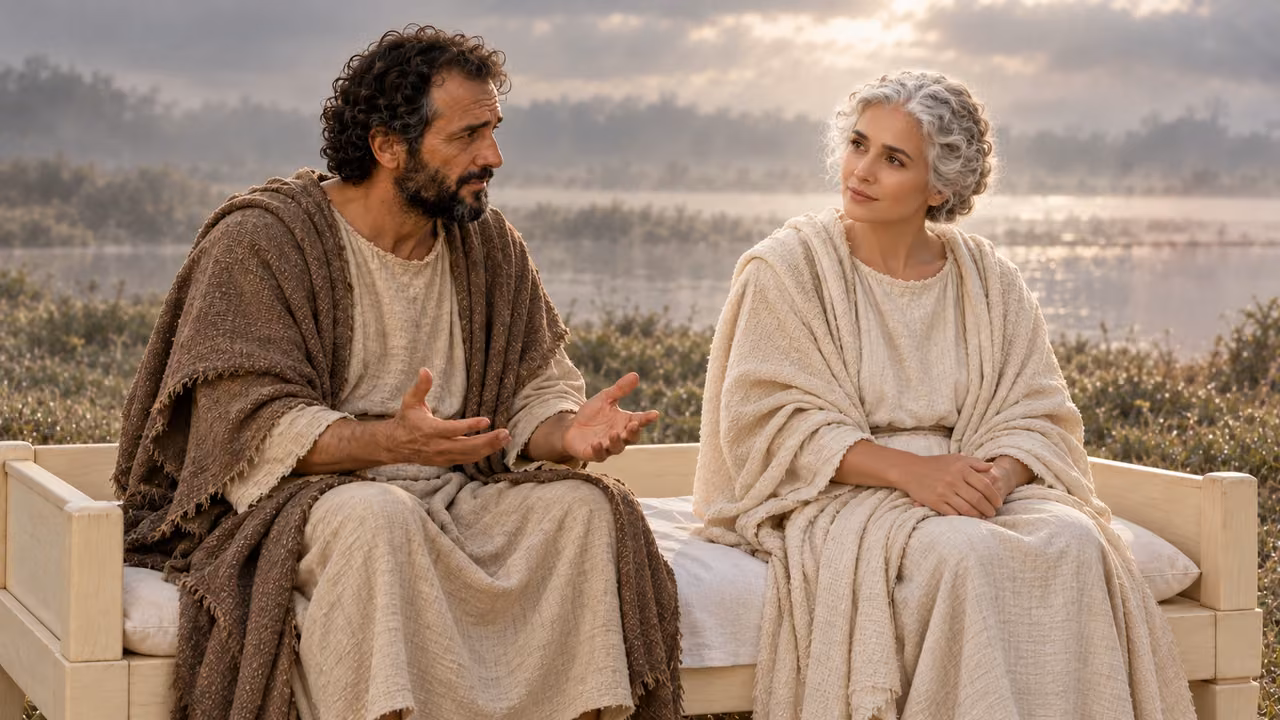 Seated Hermas asks the woman another question on their shared ivory couch.