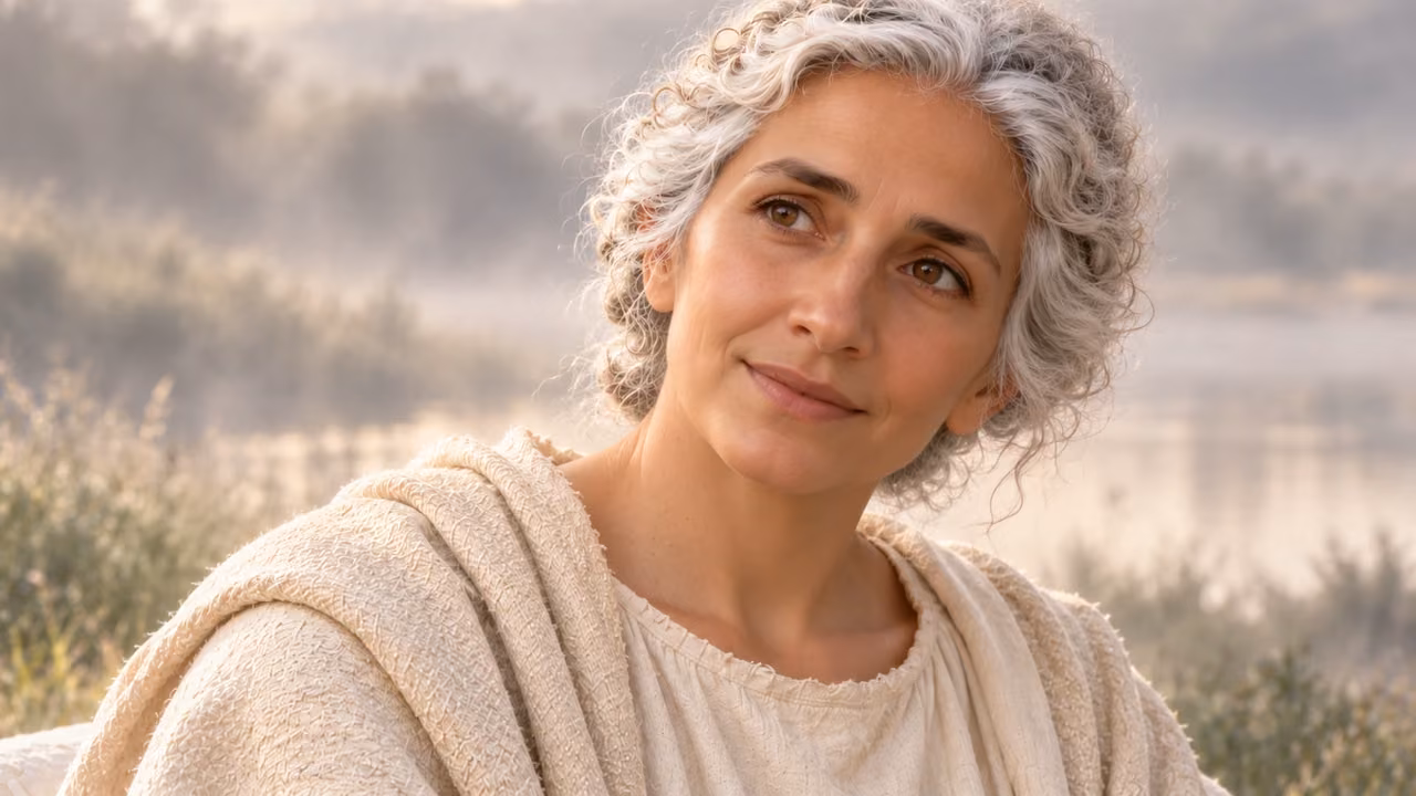 The young, white-haired woman looks toward Hermas and smiles in a tight portrait.