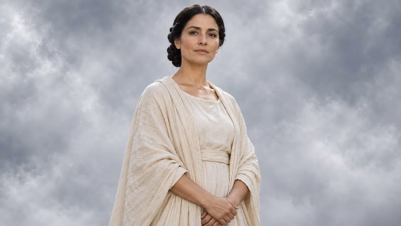Faith appears alone in cream linen with both hands clasped at her waist.