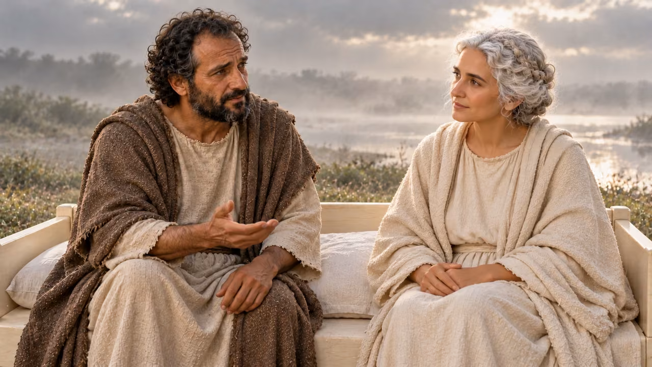 Seated Hermas asks the young, white-haired woman about the other women.