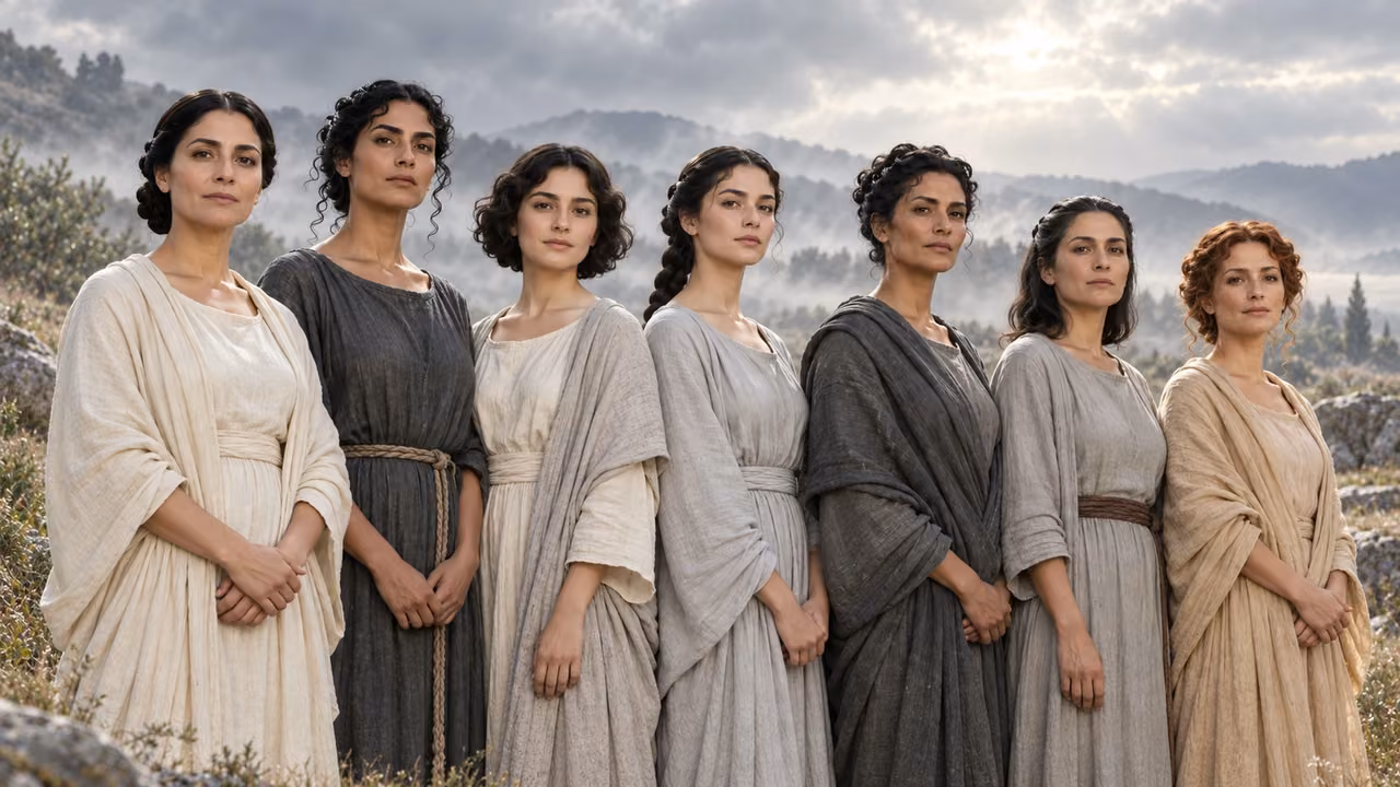 Seven women form an ordered group from Faith through Love.