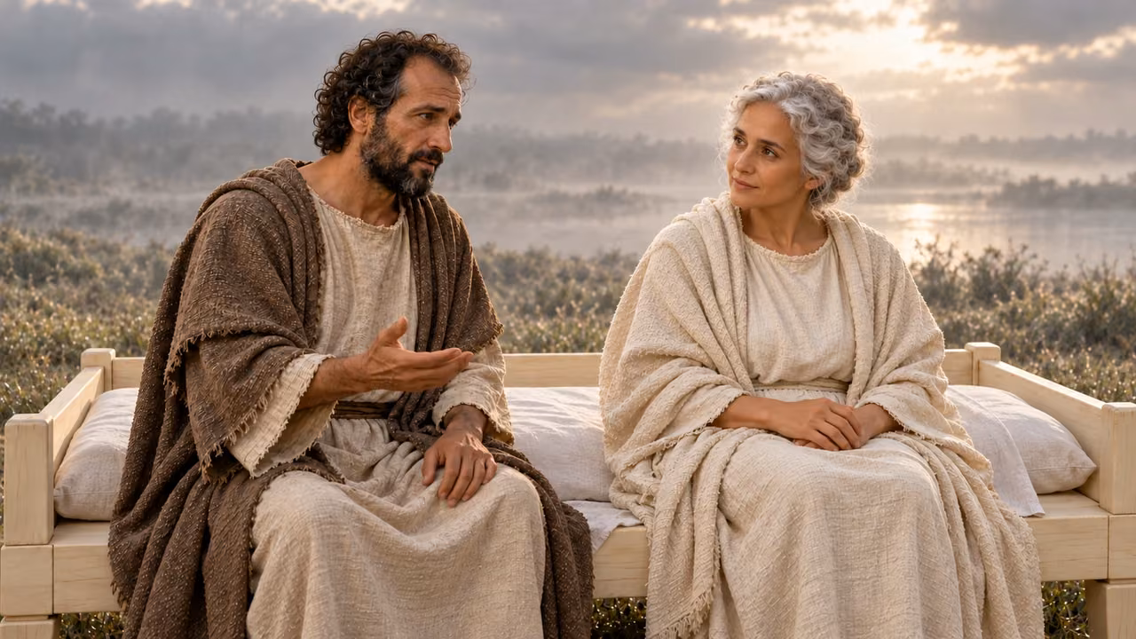 Hermas asks about the end while both remain seated on the shared ivory couch.