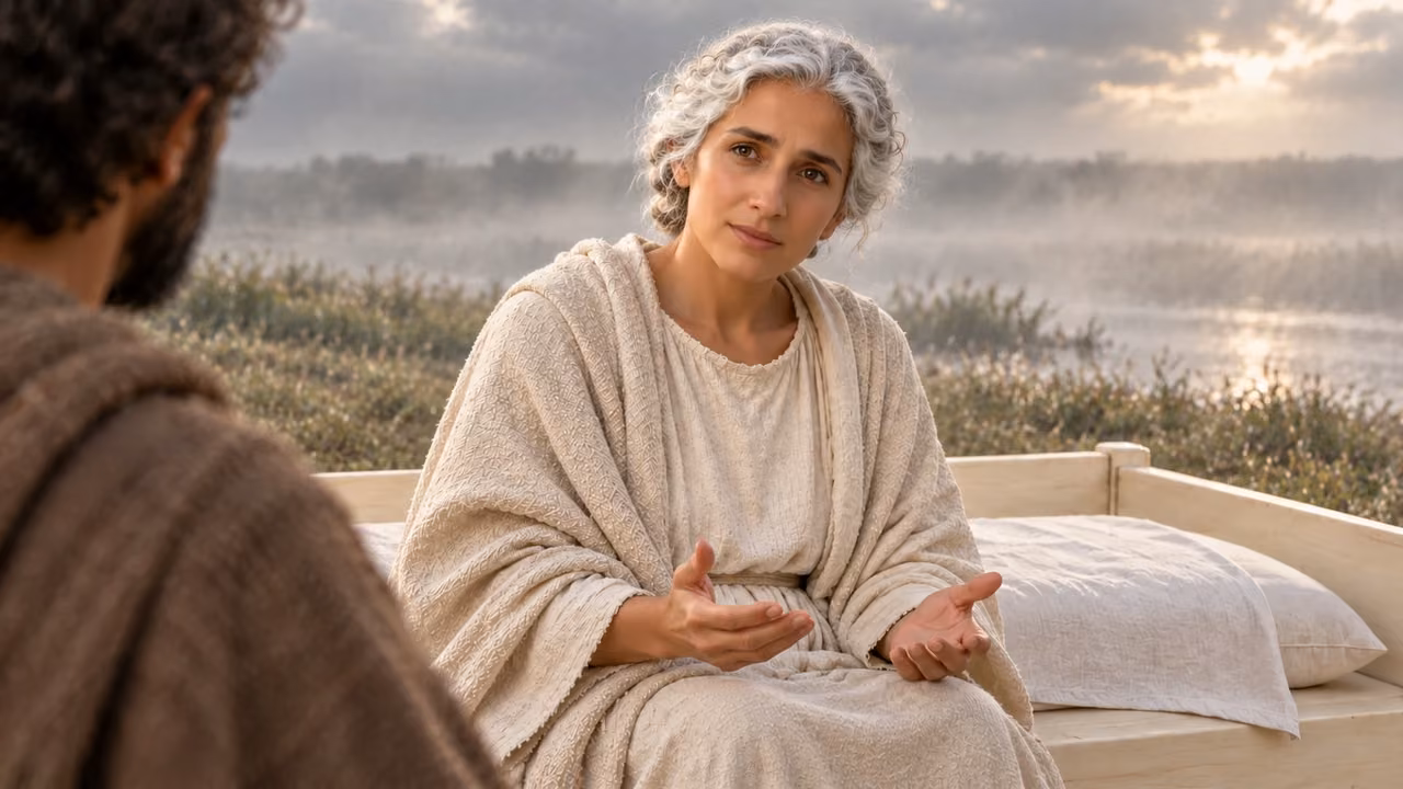 The young, white-haired woman speaks earnestly with two natural open palms toward Hermas’s blurred shoulder.