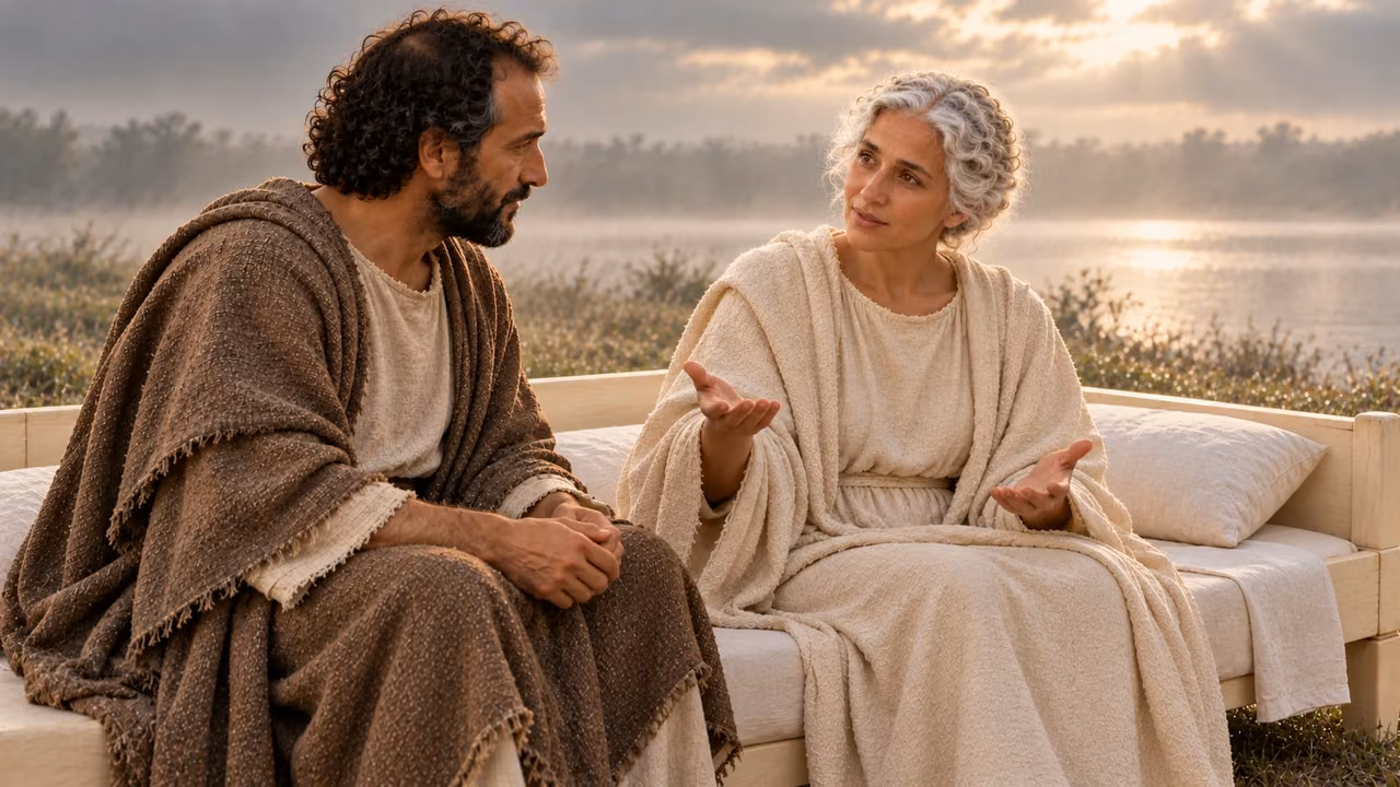 The youthful white-haired Church woman counsels peace with open hands while Hermas listens on the ivory couch.