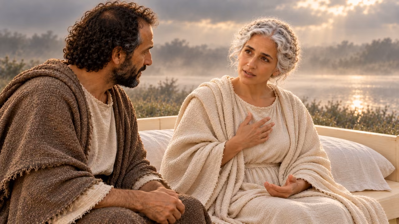 The youthful white-haired Church woman speaks soberly with one natural hand near her chest as Hermas listens.