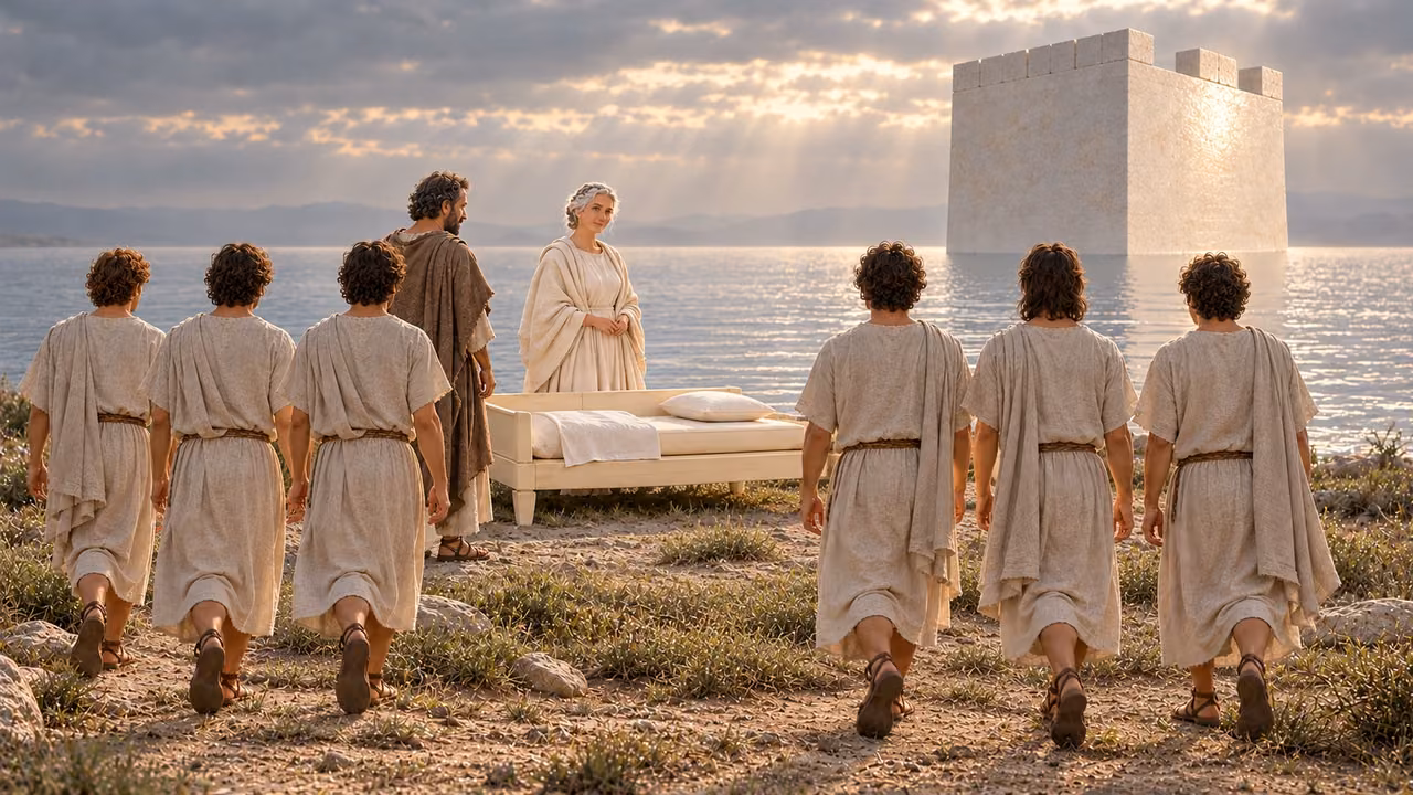 Exactly six young men, all faces turned away, approach Hermas and the youthful white-haired Church woman beside the cushioned seat.