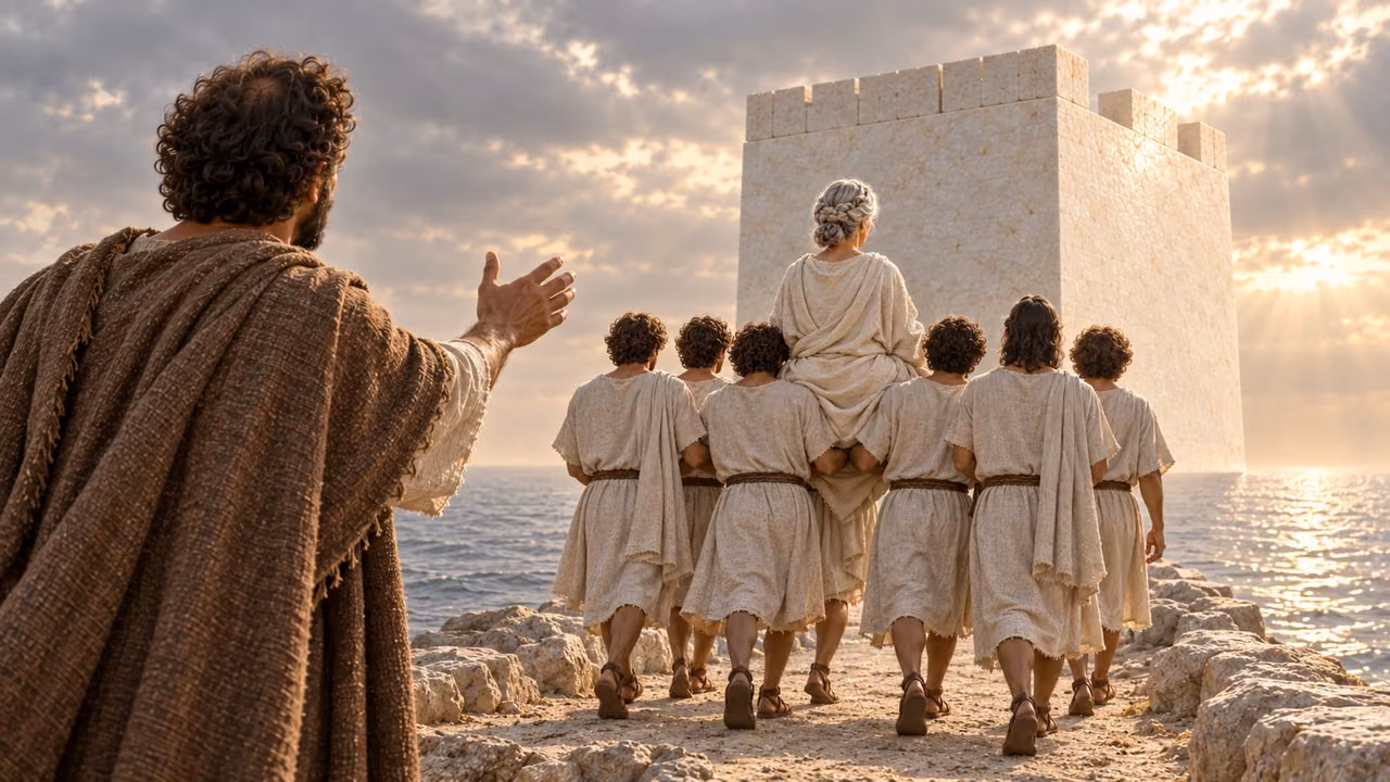 Hermas calls with a raised hand after six men carrying the white-haired Church woman toward the unfinished tower.