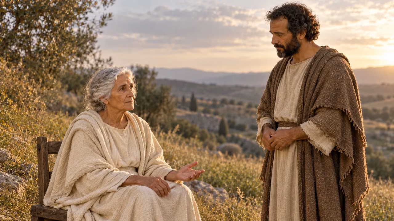 Retrospective first vision: the very aged white-haired Church woman sits on a simple wooden chair while Hermas stands nearby.
