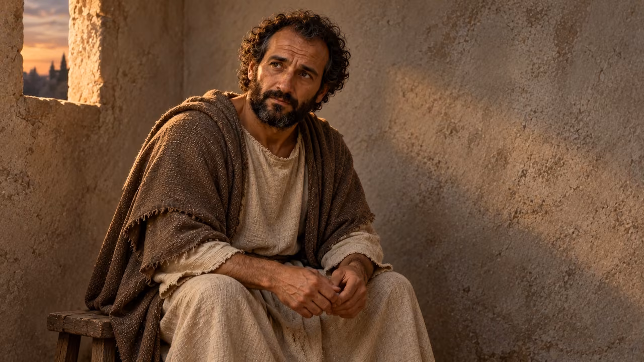 Hermas sits alone in a modest room, distressed and intent on understanding the three appearances.