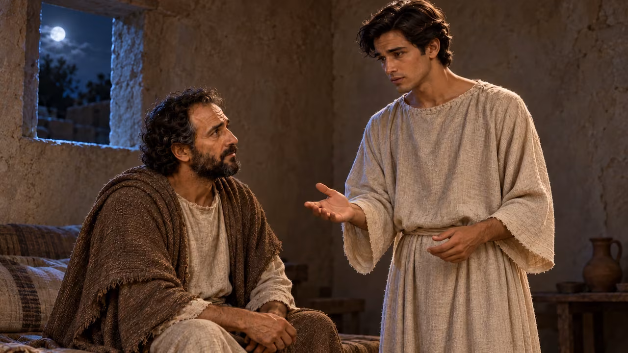 The young man explains the first form to seated Hermas in the modest moonlit room.