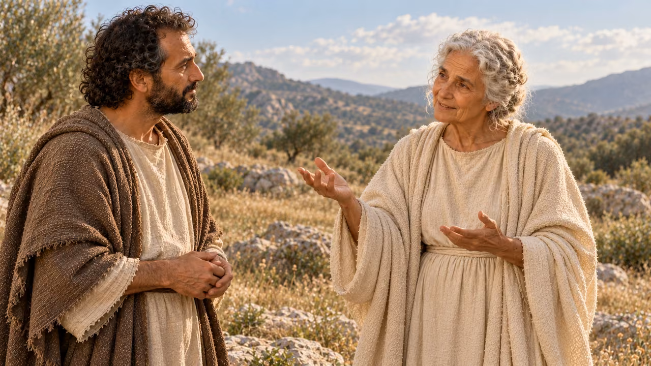 Retrospective second vision: the woman stands with a younger, more cheerful countenance while her flesh and white hair remain older; Hermas listens.
