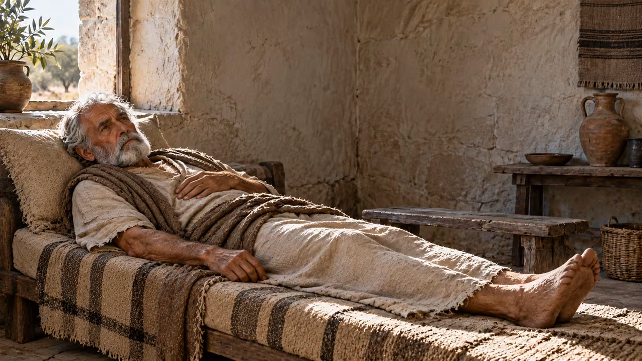 Illustrative parable: a living elderly man in worn linen rests awake on a simple low bed, discouraged and without hope.