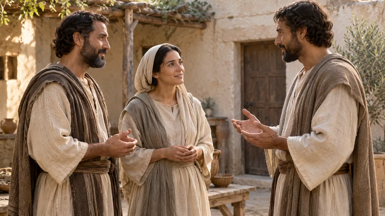 Illustrative teaching essay: three unnamed adults speak and listen calmly together with hopeful expressions in a modest ancient courtyard.
