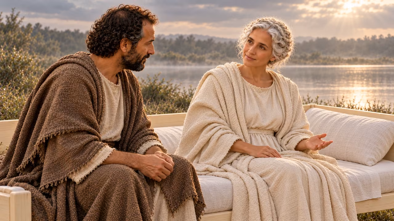 Retrospective third vision: the youthful white-haired Church woman sits cheerfully on the ivory couch beside Hermas.