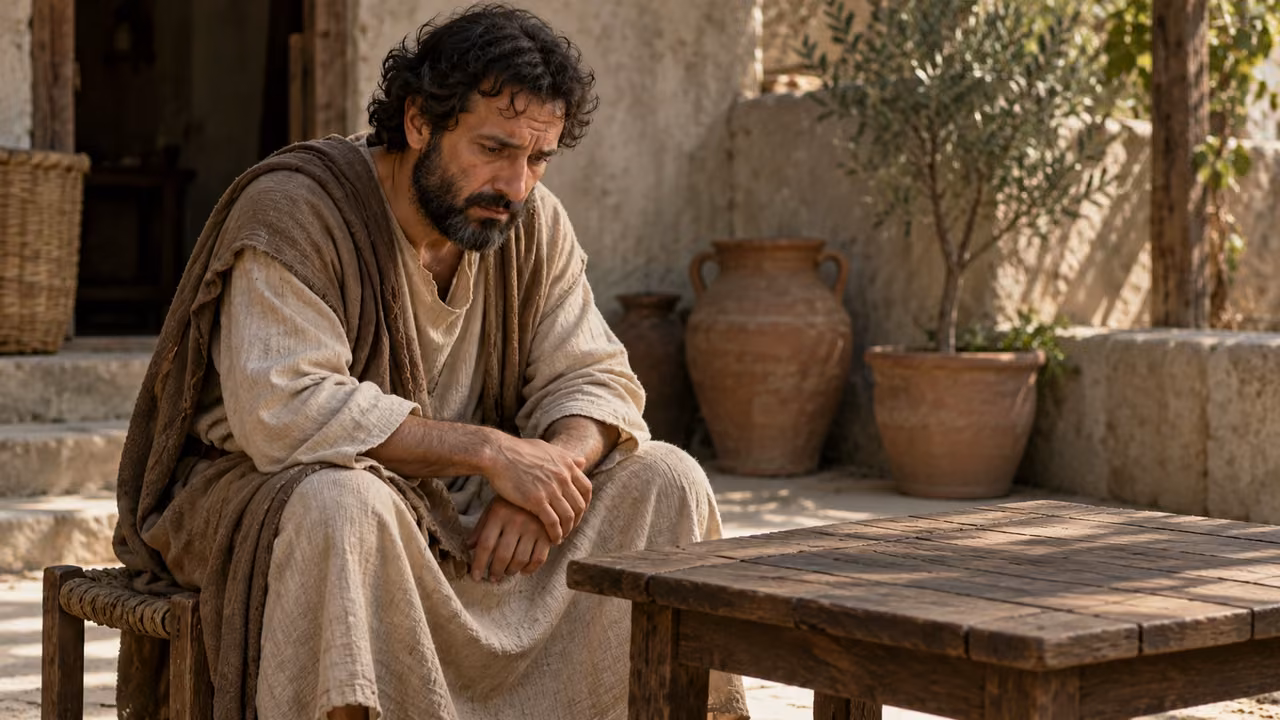 Illustrative comparison: an unnamed adult sits grieving quietly beside an empty table in a modest ancient courtyard.