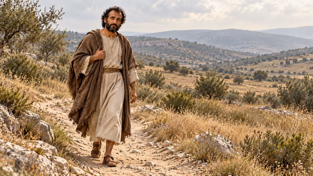 Hermas walks alone on an easy countryside path under hazy daylight, before dust or beast appears.