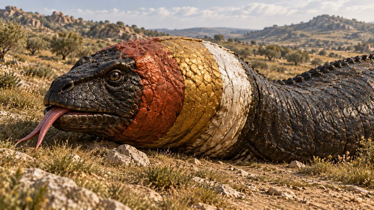 The head shows black, fiery blood-red, golden and white regions; their visual arrangement is an artistic inference.