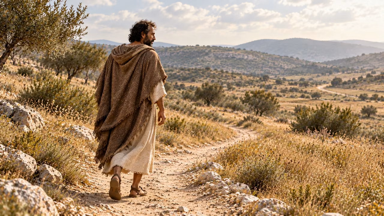 Hermas continues alone along the gentle country path, with a wider public-road connection suggested in the distance.
