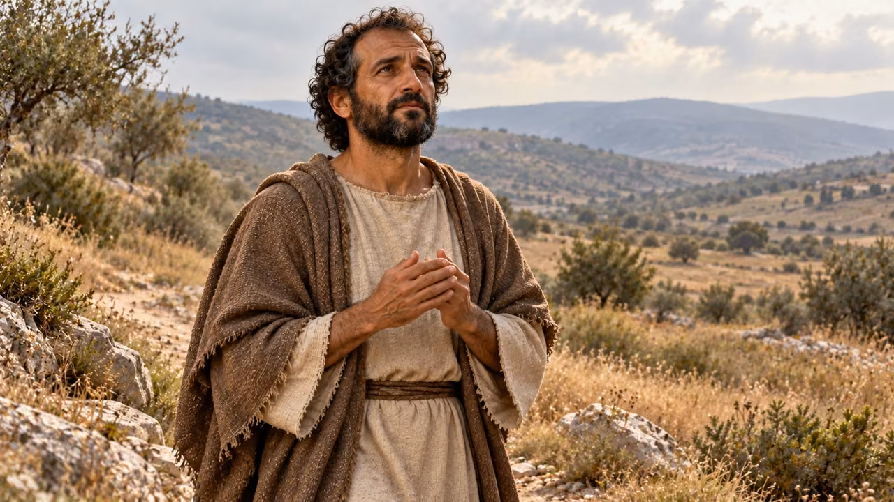 Hermas prays earnestly with empty hands while alone on the countryside route.