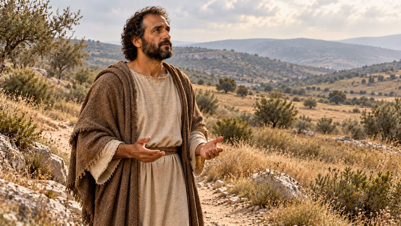 Hermas listens toward an unseen sound with open hands; no physical speaker or divine body is shown.