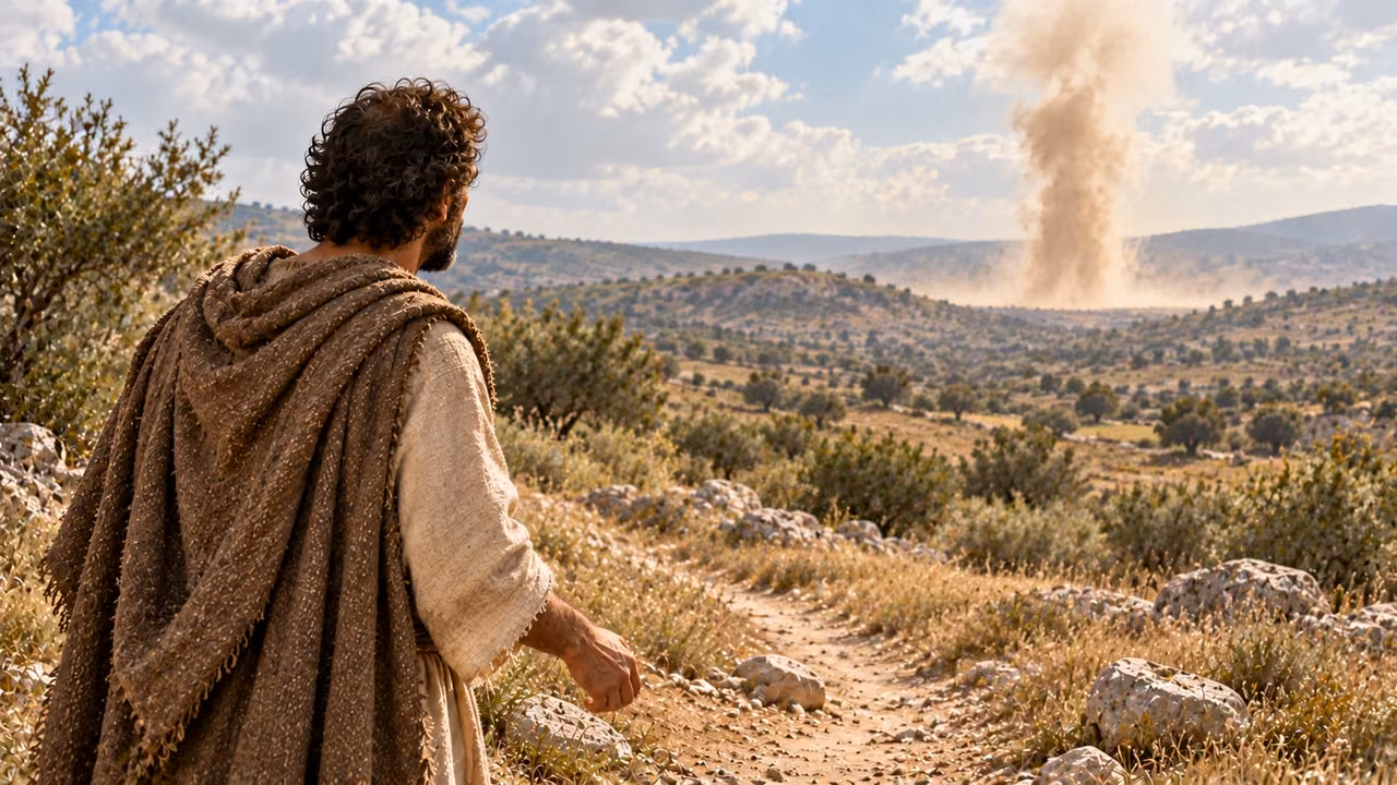 Hermas looks toward a distant high dust cloud; the path and countryside remain otherwise empty.