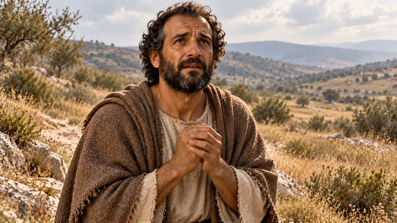 Hermas weeps and asks deliverance with naturally joined empty hands.