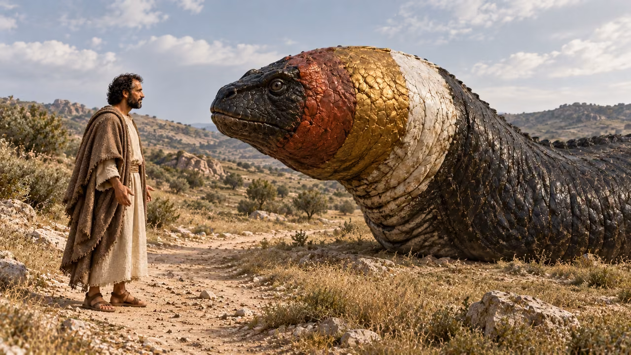 Hermas takes courage and faces the immense beast, without being attacked or swallowed.