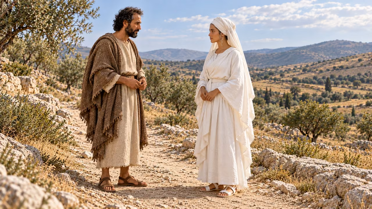 Hermas meets the unnamed adult virgin on the countryside path; her white clothing, sandals, turban, forehead veil and white hair are visible.