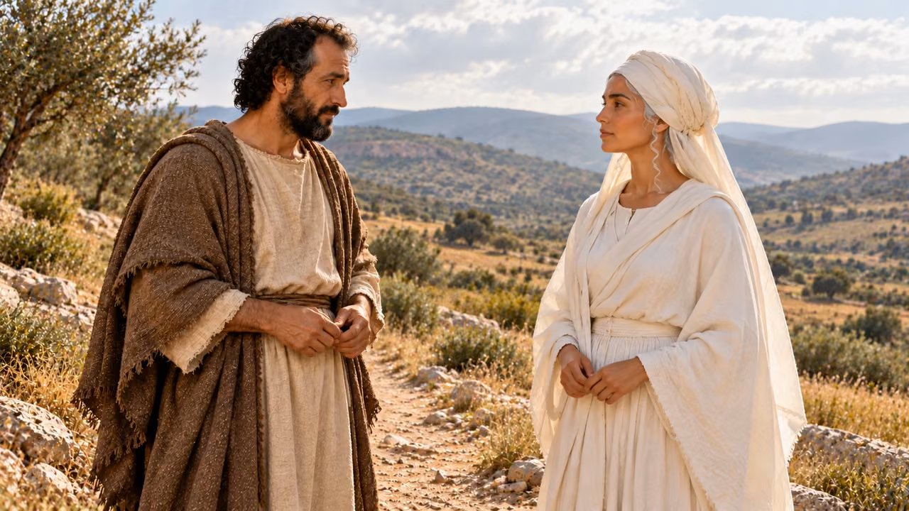 Hermas and the unnamed white-clad figure face one another quietly on the countryside path.