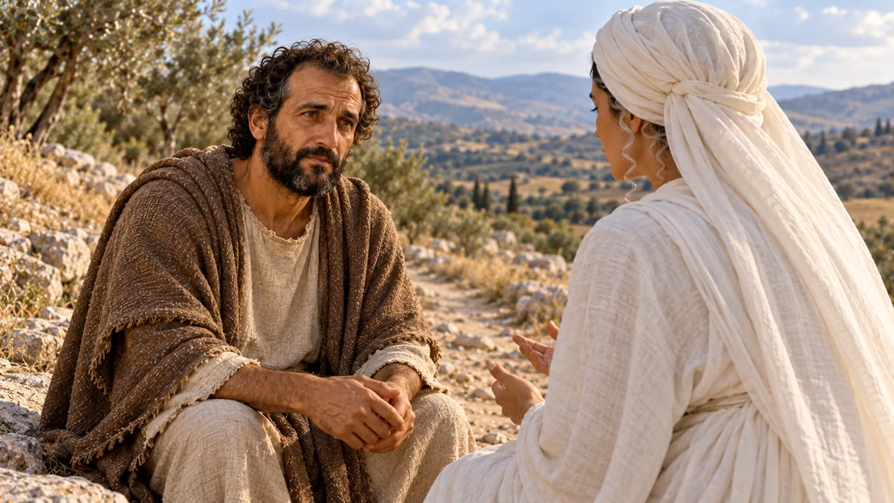 The white-clad figure and attentive Hermas face one another solemnly in a reflective countryside teaching illustration.