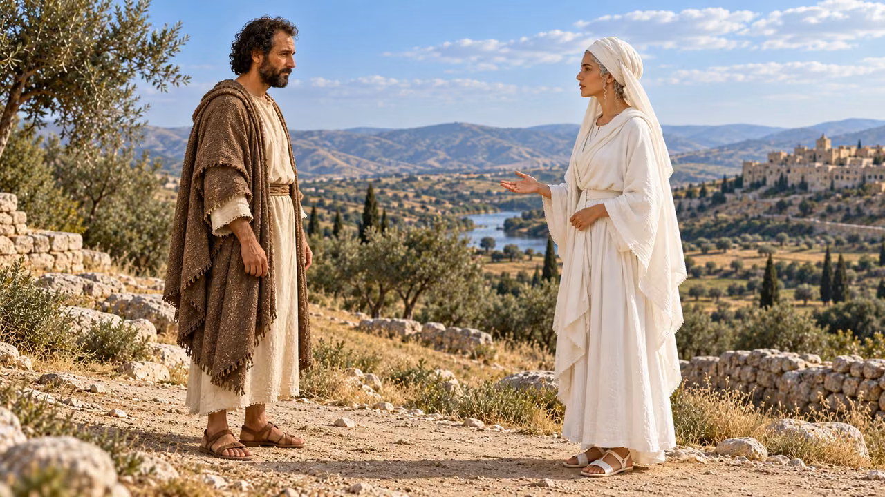 The white-clad figure explains the color meanings to attentive Hermas.