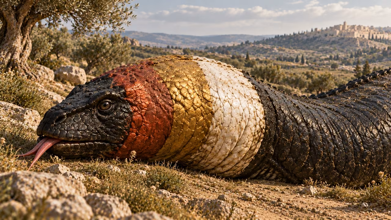 Recalled vision detail: the beast’s full head retains a broad white rear region adjoining gold, red and black scales, with its long dark body behind.