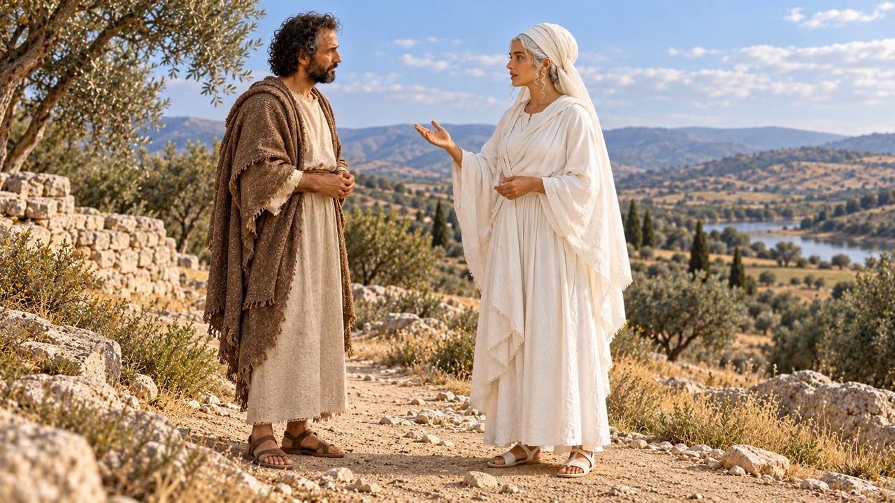 The white-clad figure earnestly instructs Hermas to continue speaking to the holy ones.