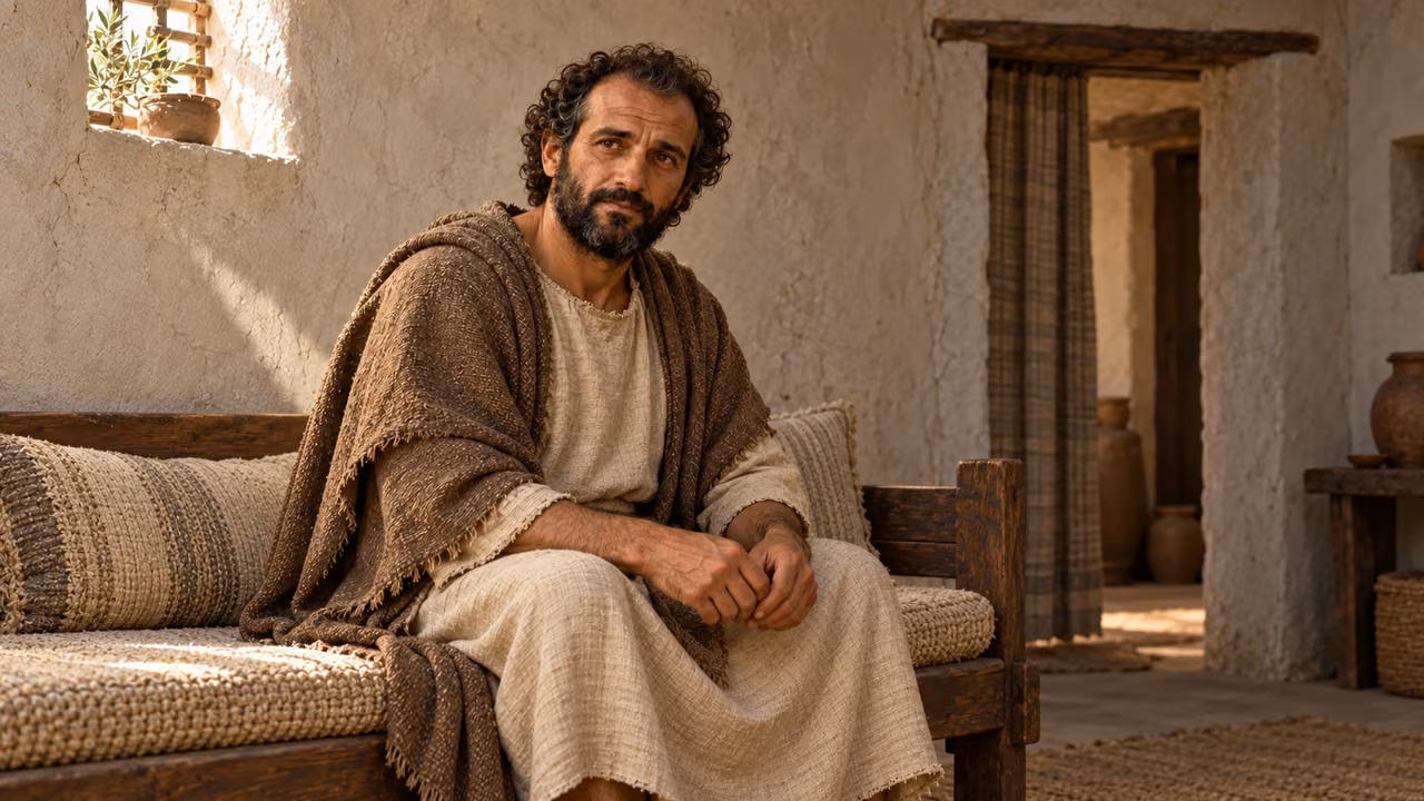 Hermas sits on a plain domestic couch after prayer in the house.
