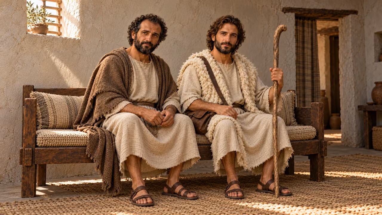 The shepherd sits beside Hermas on the domestic couch.