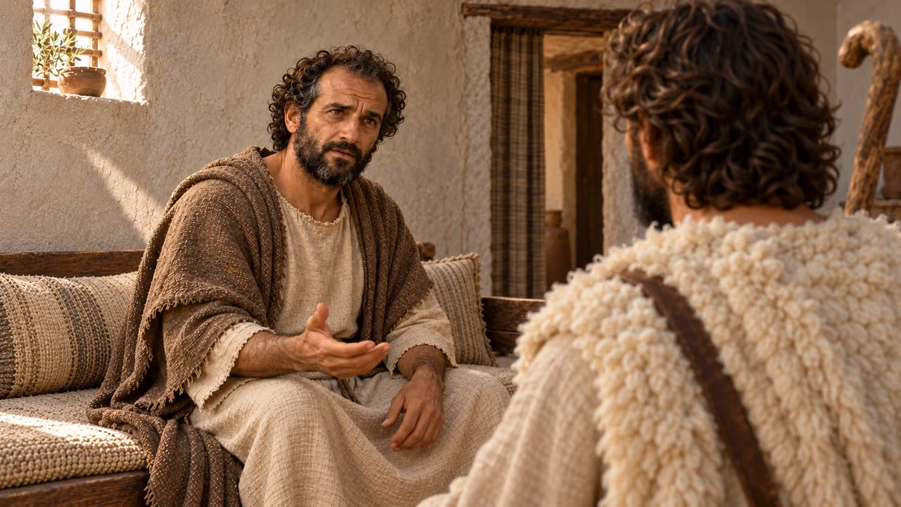 Hermas asks the shepherd who he is, with a wary questioning expression.