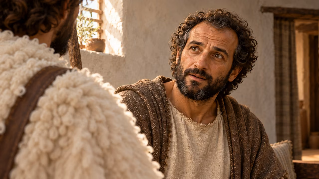 Hermas suddenly recognizes the shepherd; the source’s unspecified change of appearance remains outside the camera view.