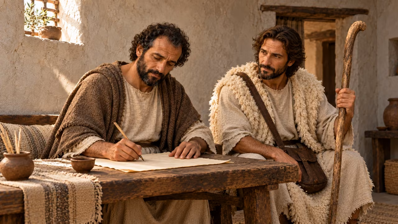 Hermas writes on a pale sheet with a reed pen while the shepherd sits nearby; no legible wording appears in the artwork.