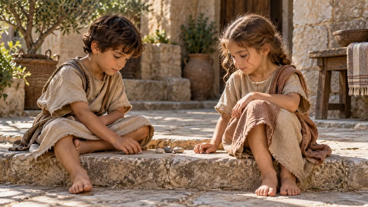 Illustrative teaching comparison: two anonymous children look quietly at ordinary pebbles in an inferred courtyard setting.