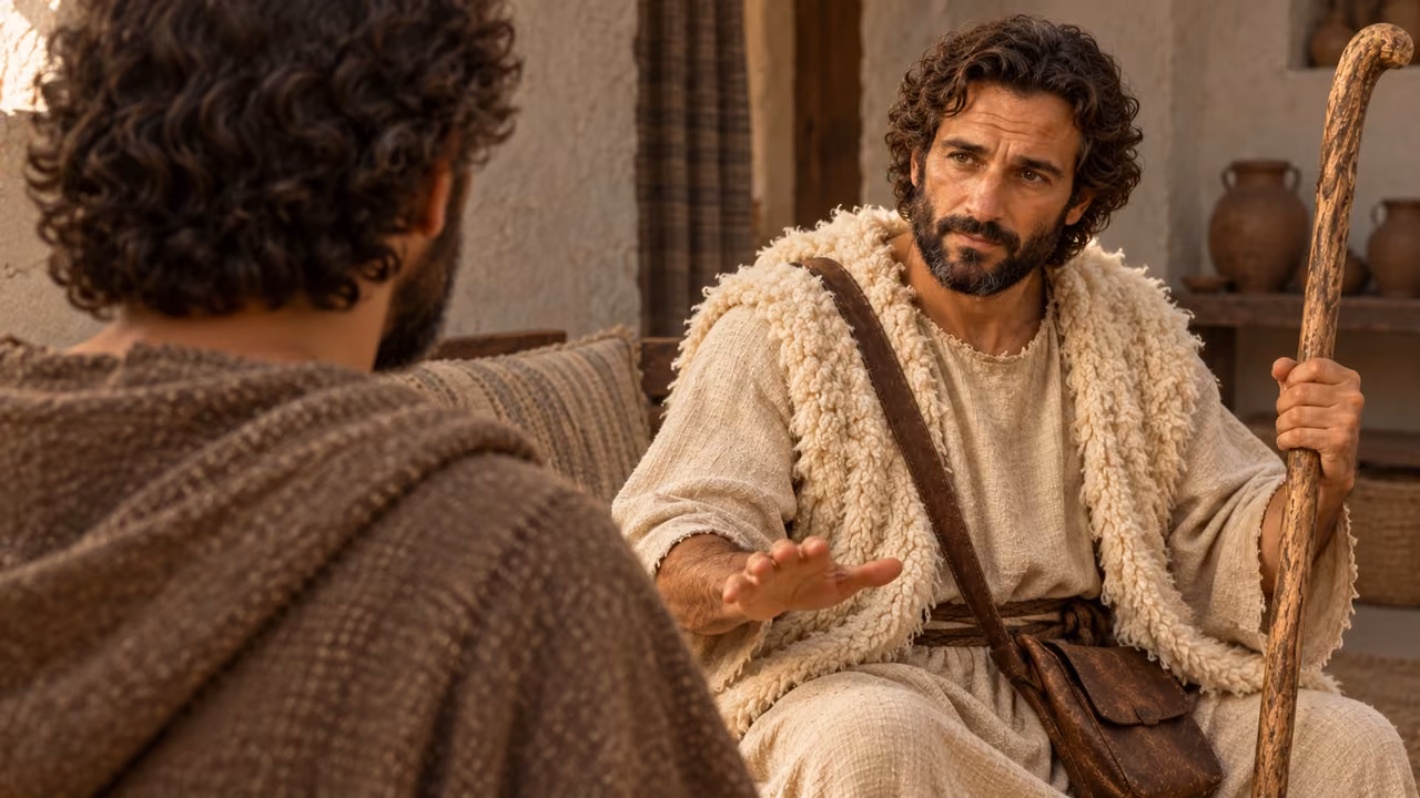 Illustrative teaching reflection: the shepherd soberly addresses Hermas, without depicting slander as a new monster encounter.