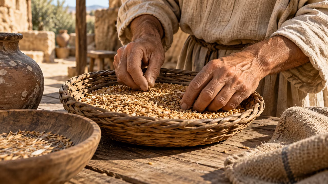 Illustrative teaching essay: an anonymous worker’s hands sort grain, an inferred example of ordinary labor.