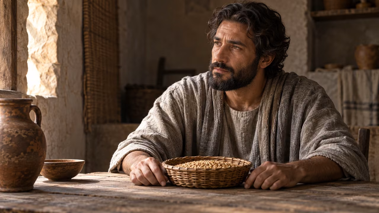 Illustrative teaching reflection: an unnamed recipient sits thoughtfully beside a small grain basket, without an enacted judgment.