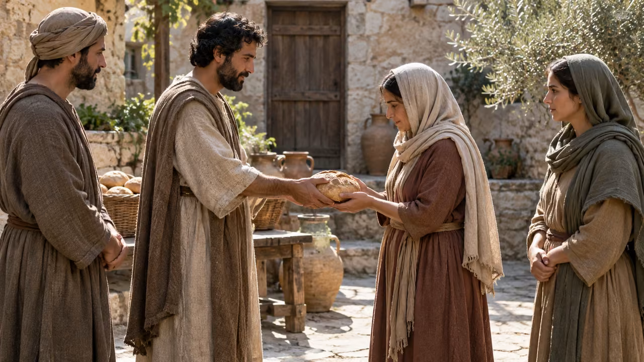 Illustrative teaching essay: one adult offers bread to a recipient while two others wait nearby without distinction of rank.