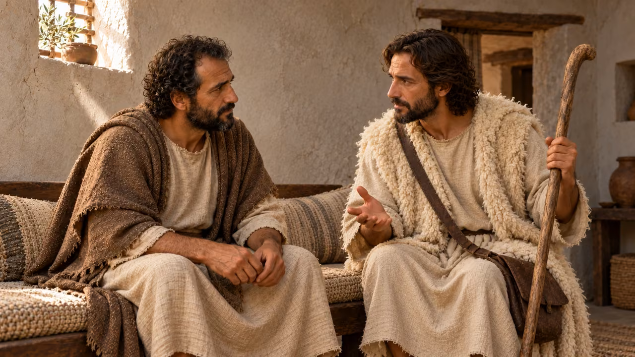 The shepherd instructs attentive Hermas to love truth, in the inferred domestic teaching setting.