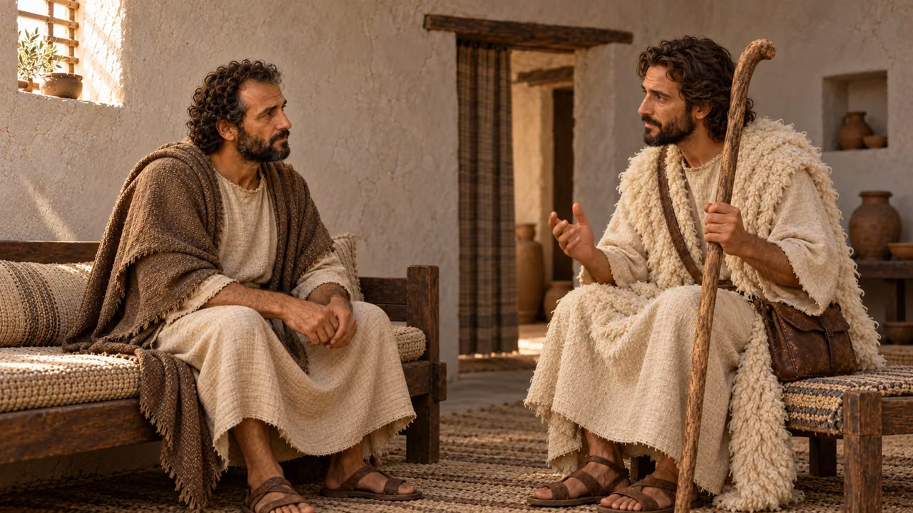 Illustrative teaching reflection: Hermas listens to the conclusion about the One with authority to heal, without a visible deity or completed healing.
