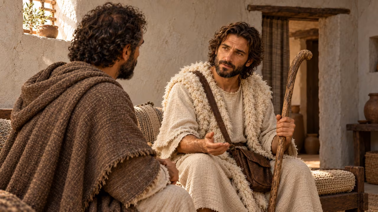 The shepherd gives Hermas leave to speak, with his staff held beside him.