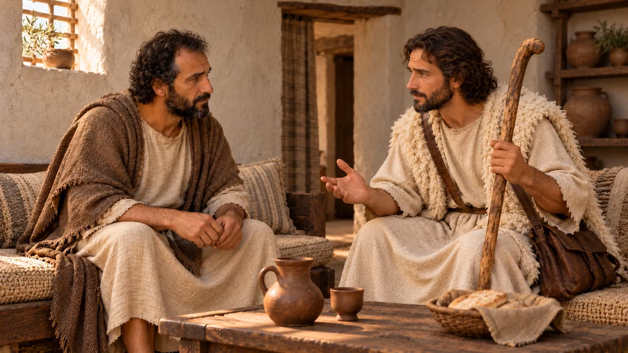 The shepherd teaches attentive Hermas about long-suffering and good sense in the inferred domestic setting.