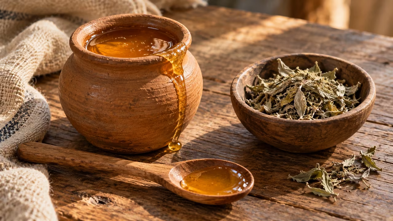 Illustrative teaching comparison: a clay jar of honey stands beside separate dried bitter herb and a wooden spoon.