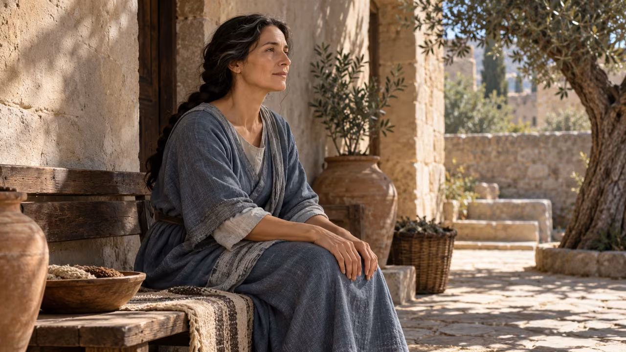 Illustrative teaching reflection: one unnamed woman sits quietly in a shaded courtyard.
